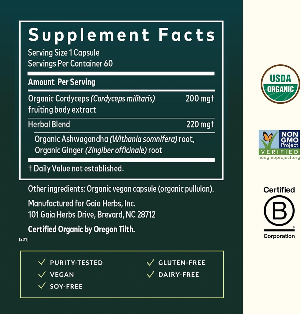 Gaia Herbs Adaptogen Performance Mushrooms & Herbs - Energy Support Supplement to Help Sustain Endurance and Stamina* - Contains Cordyceps and Ashwagandha - 60 Organic Vegan Capsules (30-Day Supply) 4