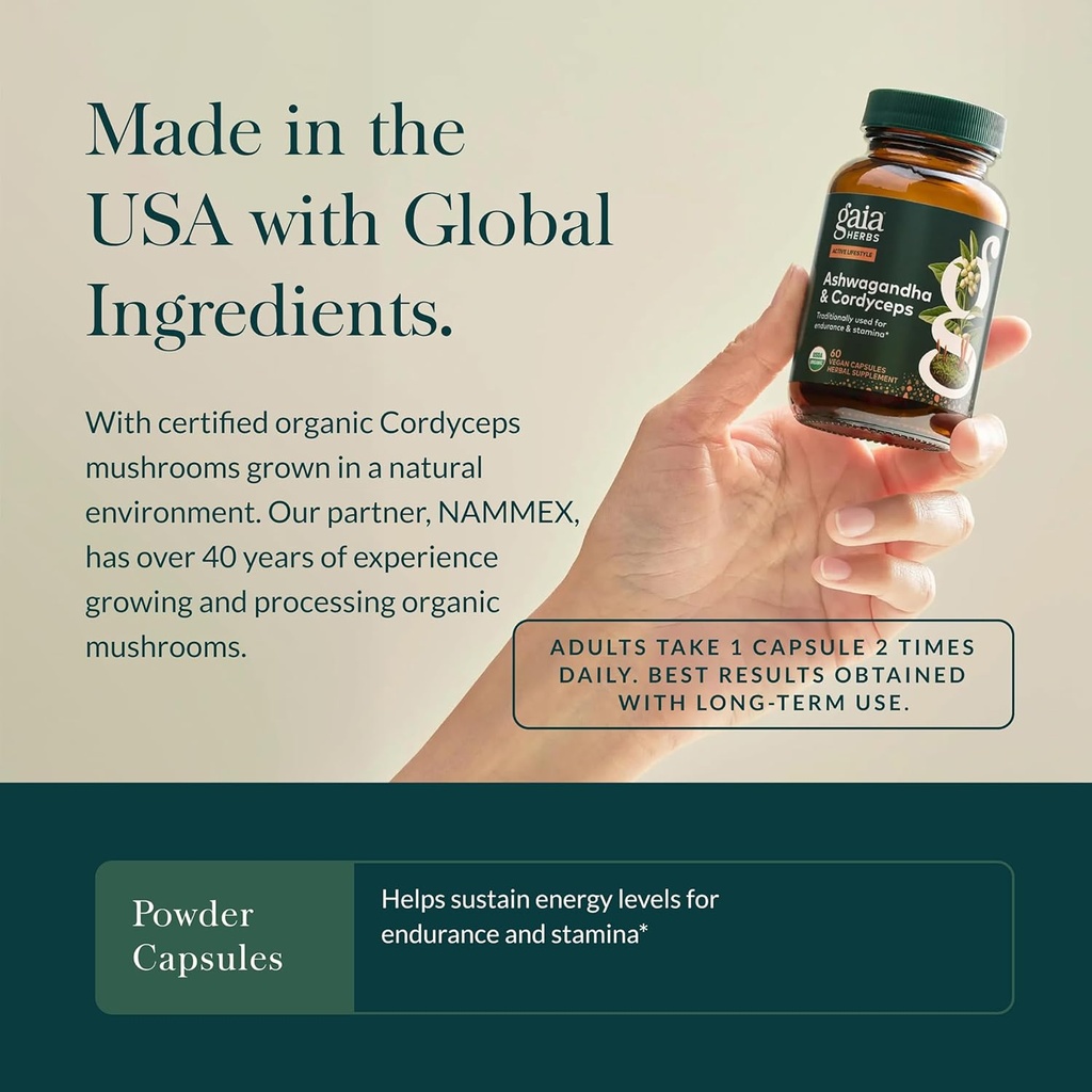 Gaia Herbs Adaptogen Performance Mushrooms & Herbs - Energy Support Supplement to Help Sustain Endurance and Stamina* - Contains Cordyceps and Ashwagandha - 60 Organic Vegan Capsules (30-Day Supply) 5