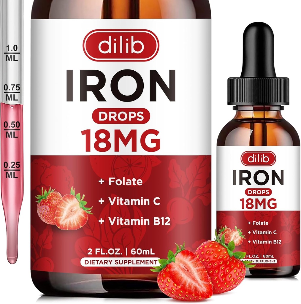 Liquid Iron Supplement for Women & Men Iron Drops Iron Supplements for Anemia with Folate, Vitamin C, B12 for Red Blood Cell Support-Strawberry, 2 Fl Oz 2