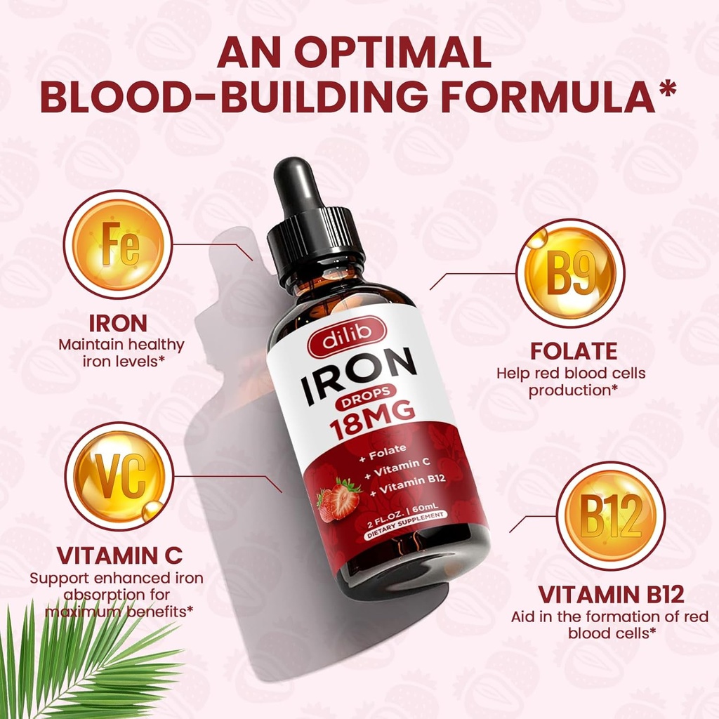 Liquid Iron Supplement for Women & Men Iron Drops Iron Supplements for Anemia with Folate, Vitamin C, B12 for Red Blood Cell Support-Strawberry, 2 Fl Oz 3