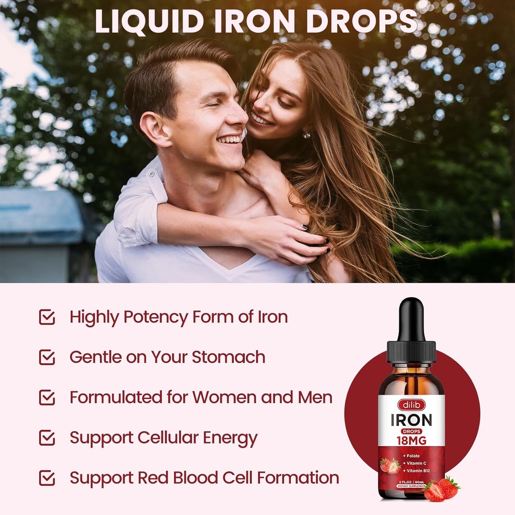 Liquid Iron Supplement for Women & Men Iron Drops Iron Supplements for Anemia with Folate, Vitamin C, B12 for Red Blood Cell Support-Strawberry, 2 Fl Oz 4
