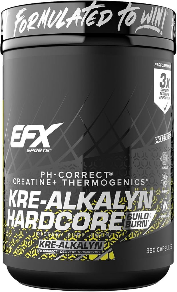 EFX Sports Kre-Alkalyn Hardcore | Thermogenic pH Correct Creatine Monohydrate Pill Supplement | Energy & Strength Pre Workout | 126 Servings, 380 Capsules 2