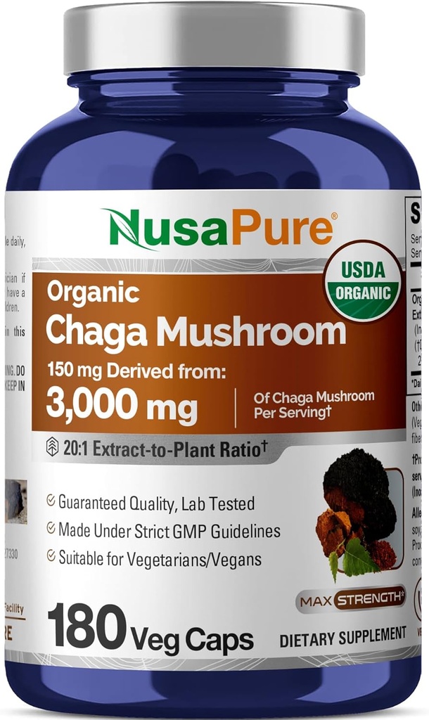 NusaPure Chaga Mushroom 20:1 Extract, 150 mg Equivalent to 3,000mg per Veggie Capsule, 180 Count, USDA Organic, Vegan, Non-GMO 2