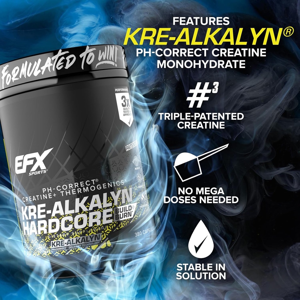 EFX Sports Kre-Alkalyn Hardcore | Thermogenic pH Correct Creatine Monohydrate Pill Supplement | Energy & Strength Pre Workout | 126 Servings, 380 Capsules 5