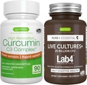 Live Cultures+ Lab4 Probiotics + High Absorption Curcumin C3 Complex Vegan Bundle, 25 Billion CFU Probiotic, Non-Bloating Prebiotic + 300% Greater Absorption Curcuminoids with Rapid Uptake, By Igennus 2