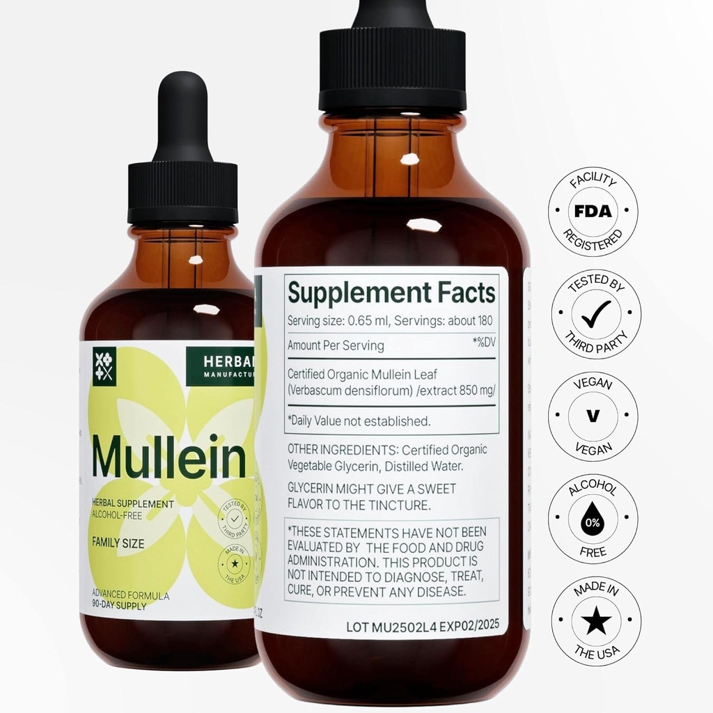 Mullein Leaf 4 fl oz Liquid Extract - Natural Lung Cleanse & Detox Supplement - Respiratory Health and Immune Support Tincture - Family Size - High Potency Drops - 90-Day Supply 3