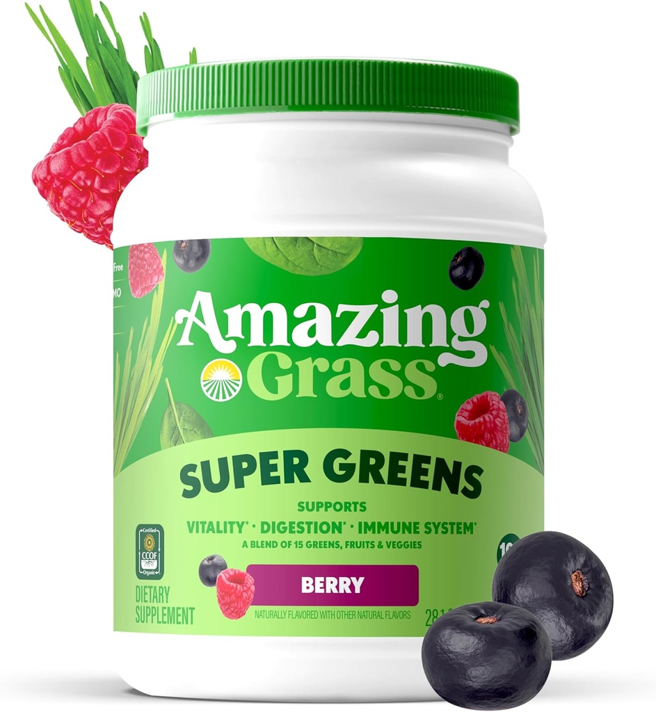 Amazing Grass Greens Blend Superfood: Super Greens Powder with Spirulina, Chlorella, Beet Root Powder, Digestive Enzymes, Prebiotics & Probiotics, Berry, 100 Servings (Packaging May Vary) 3