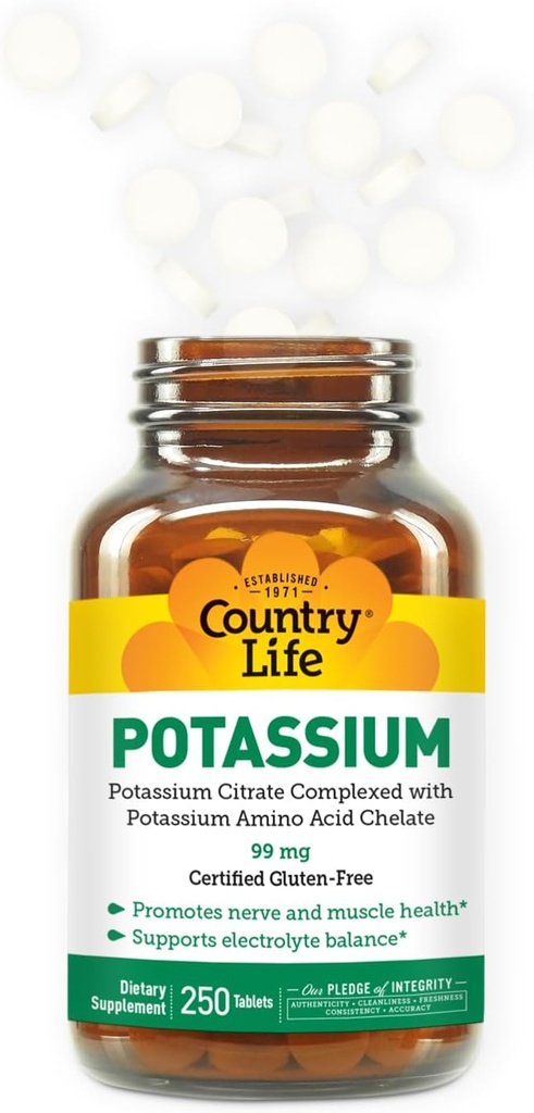 Country Life Potassium 99 mg Tablets - Chelated for Enhanced Absorption, Supports Neuromuscular Function & Electrolyte Balance, Certified Gluten Free, Vegan, Kosher, 250 Tablets 3