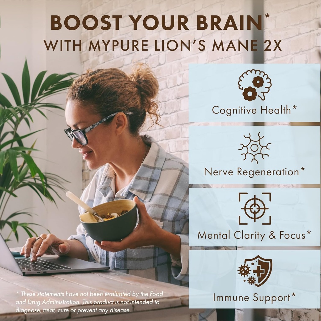 PURE ESSENCE LABS MyPure Lion's Mane 2X - Double Strength Brain Support Supplement with 100% Organic Fruiting Body Lion's Mane for Cognitive Health, Focus, Memory & Mental Clarity, 60 Capsules 5