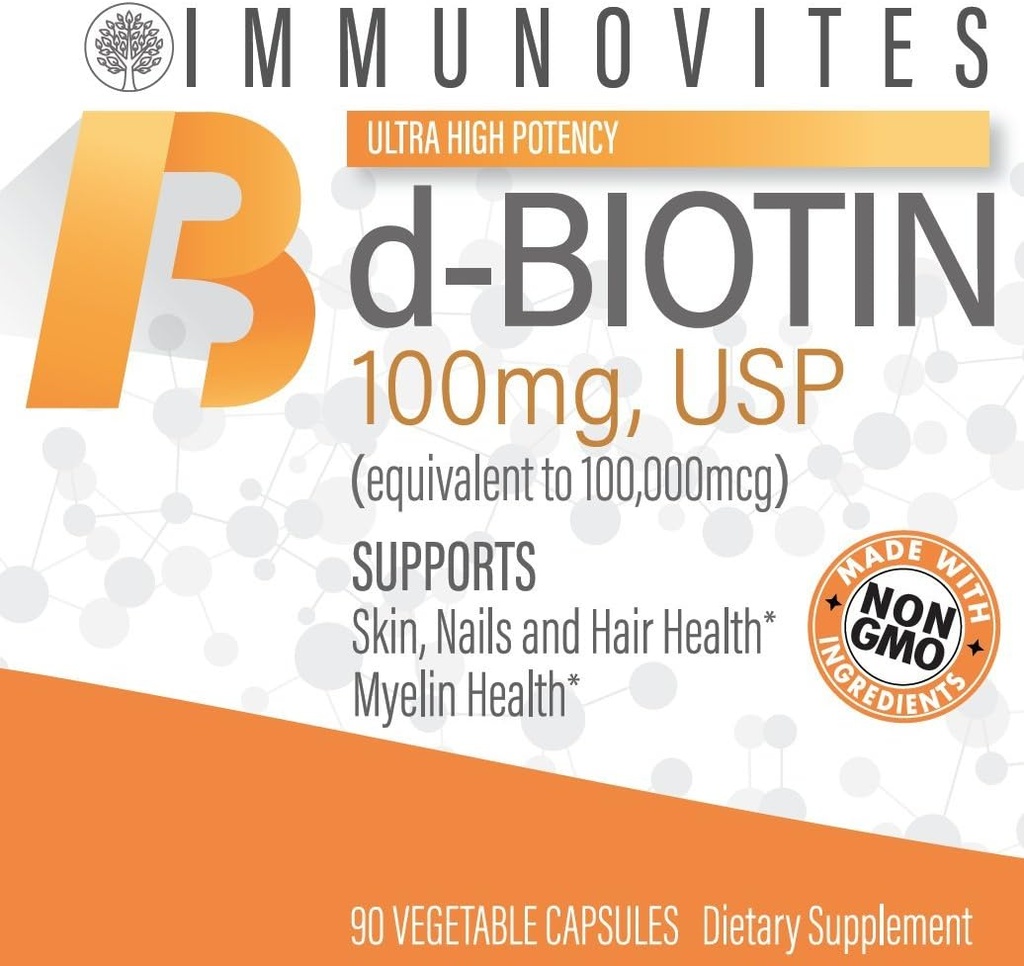 IMMUNOVITES High Dose Biotin (as d-Biotin, USP) 100mg (Equivalent to 100,000mcg) 90 Capsules, High Potency 5