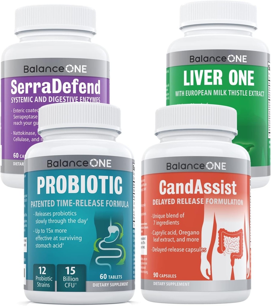 Balance ONE 4-in-1 Bundle | Probiotic, CandAssist, Liver One, SerraDefend | 15 Billion Probiotic | Natural Cleanse with Caprylic Acid | Liver Support with Milk Thistle | Systemic Enzyme Blend 2