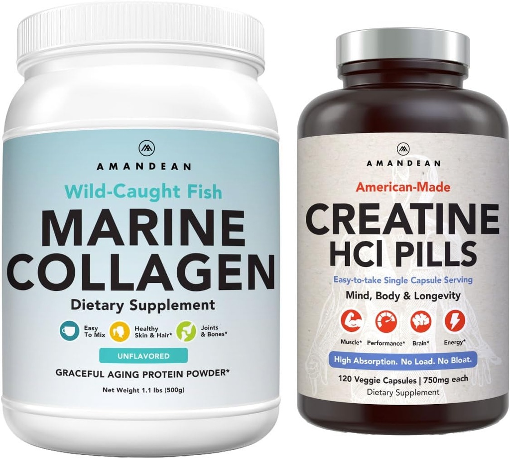 AMANDEAN Premium Creatine HCl & Marine Collagen Bundle. USA-Made CON-CRET. 7X Concentrated. Wild-Caught Hydrolyzed Fish Collagen Protein. Anti-Aging. Support Recovery & Lean Muscle. Healthy Skin 2