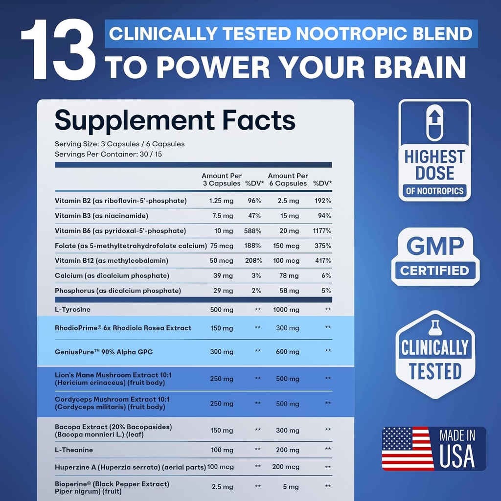 Nootropic Strongest Focus Supplement - Clinically Backed Ingredients Made in USA - Scientifically Backed Doses - Supplement for Brain Fog - AlphaGPC, Lions Mane, Rhodiola and More 10:1 90 Capsules 6