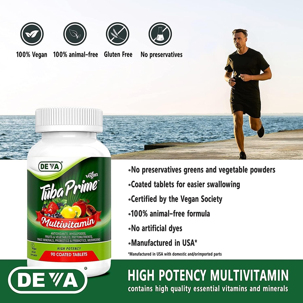 DEVA Tuba Prime Vegan Multivitamin High-Potency Vitamin and Mineral Dietary Supplement Antioxidants, Fruit and Vegetable Blend, Super Mushrooms, Probiotics, Prebiotics, Seeds, Herbs - 90 Tabs, 2-Pack 4