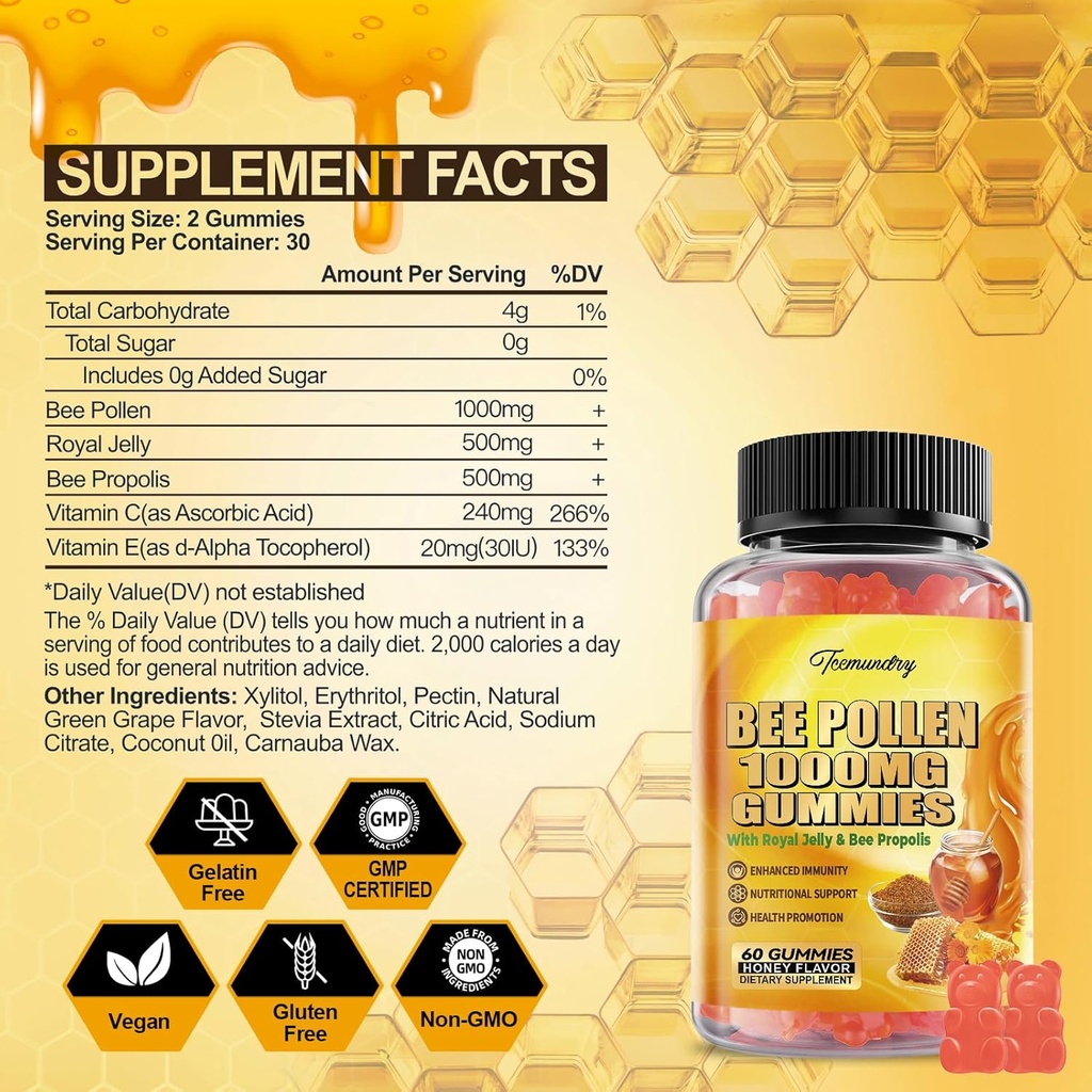 Bee Pollen 1000MG Gummies with 500MG Royal Jelly & Bee Propolis, Sugar Free Bee Pollen Supplement Rich in Vitamin C & E, Vegetarian, Non-GMO, Gluten Free, Support Immunity & Skin Health 3