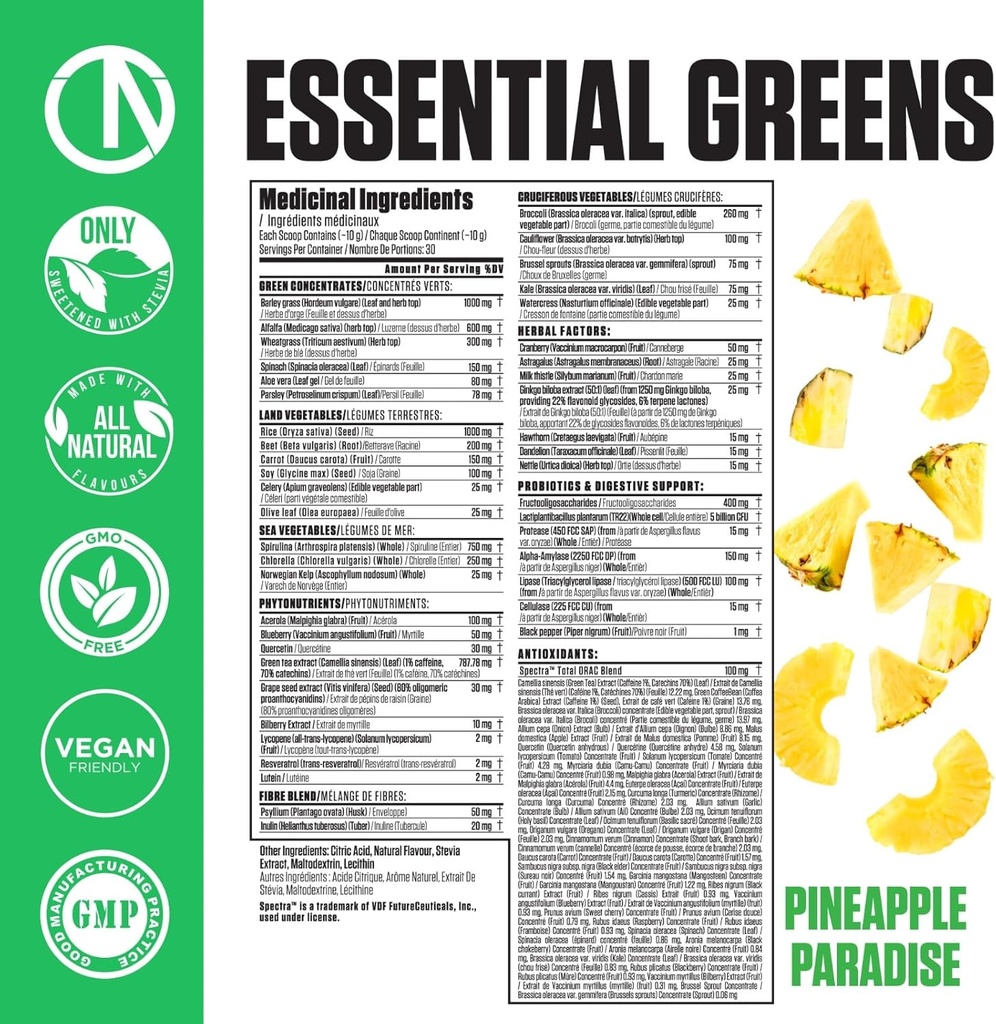 Essential Greens Powder | Optimize Health | Spectra, Organic Matcha, Spirulina, More | Probiotics & Digestion Support, Antioxidants | Stevia Sweetened, Pineapple Paradise, 30 Serv, Non-GMO, Vegan 4