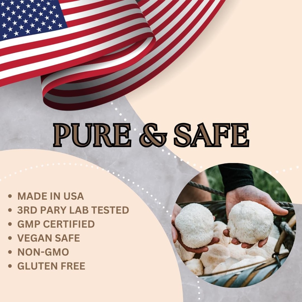 Research Labs Organic Lions Mane Supplement Capsules, 120 Capsules w/Patent Litropane™, Immune System Booster & Nootropic Brain Support Mushroom Supplement. 10X Extract comparable to 18,000mg 6