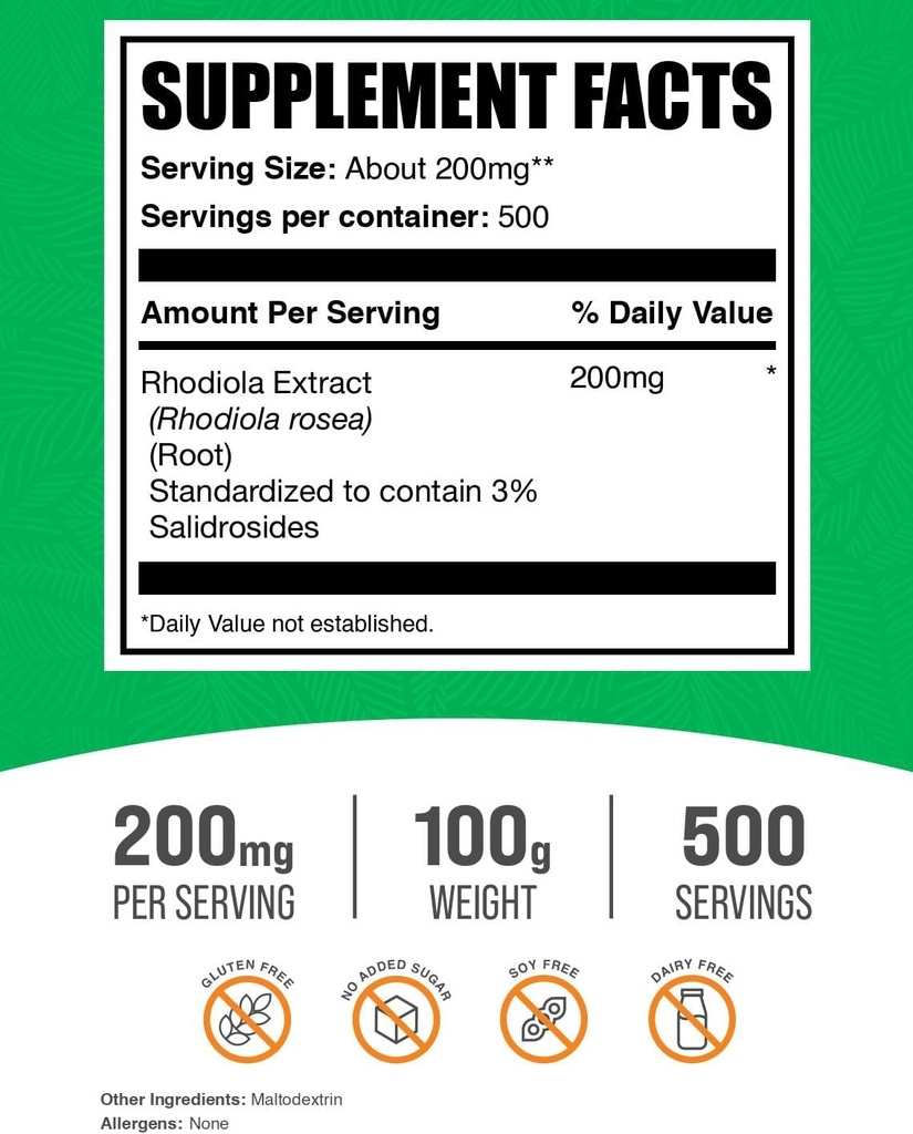 BulkSupplements.com Rhodiola Extract Powder - 3% Salidrosides, Rhodiola Rosea Extract - Herbal Supplement, Gluten Free, 200mg per Serving, 100g (3.5 oz) (Pack of 1) 3