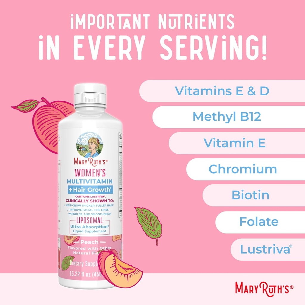 MaryRuth's Women's Multivitamin + Hair Growth Liposomal (Peach) & Liquid Nighttime Multimineral (Coconut, 15oz) | Clean Label Project Verified® | Vegan | Beauty, Bedtime Routine, & Overall Health 5