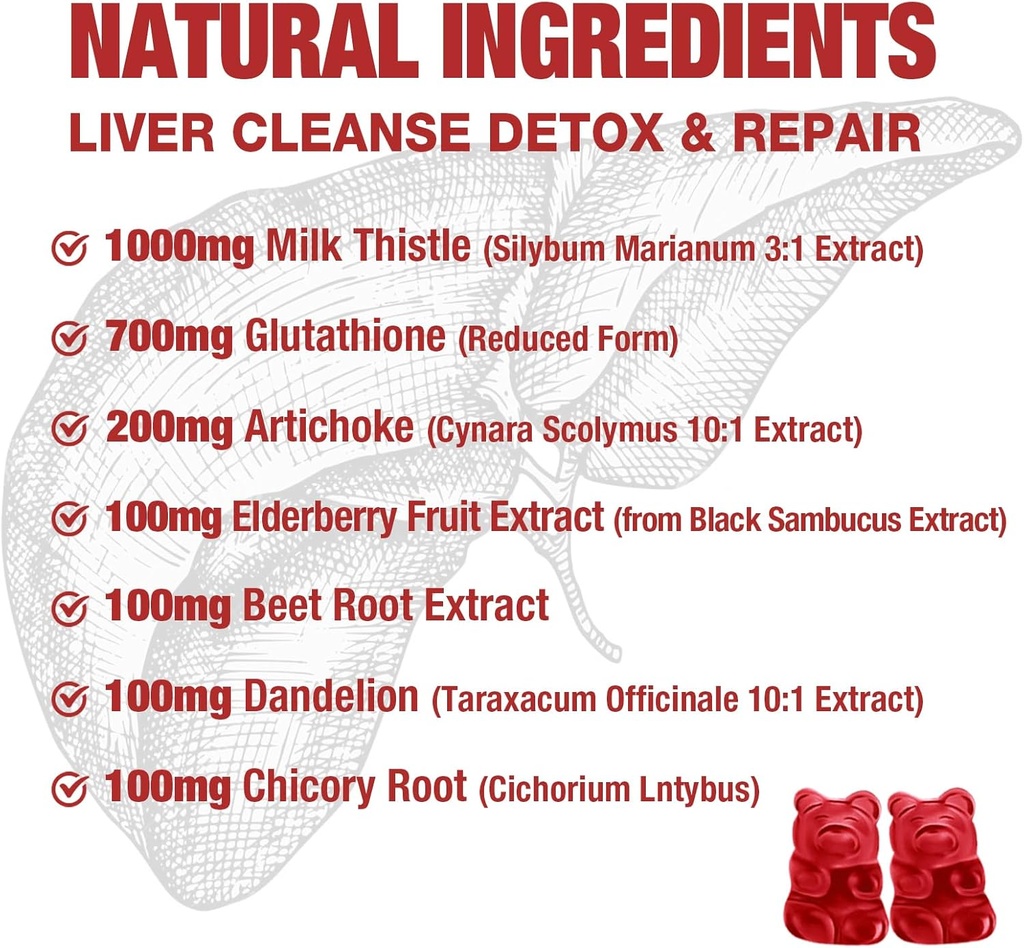 Liver Cleanse Detox and Repair Gummies - Silymarin Milk Thistle Supplement with Artichoke, Dandelion and Elderberry - Liver Support Supplement - 60 Raspberry Flavored Gummies 6