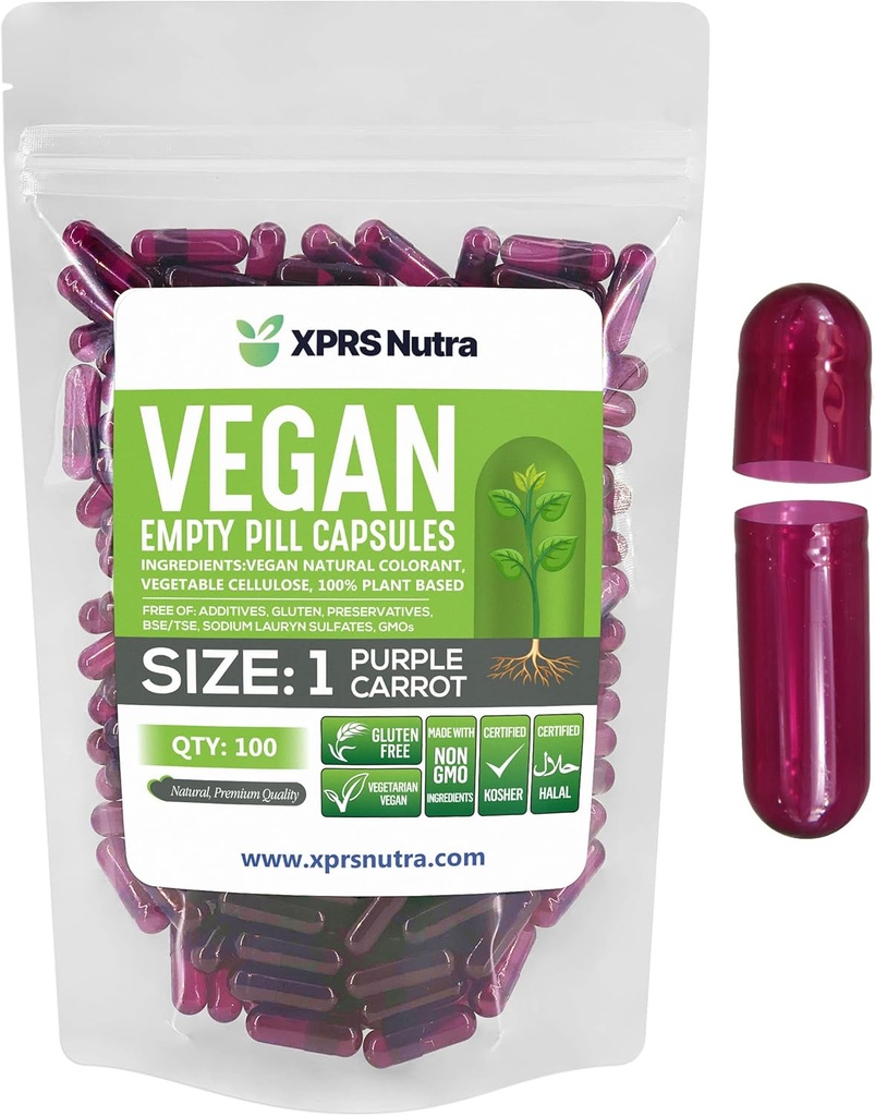 XPRS Nutra Size 1 Empty Capsules - 100 Count Empty Vegan Capsules - Vegetarian Pills - DIY Vegetable Capsule Filling- Veggie Pill Caps for Do-It-Yourself Supplements (Purple Carrot) 2