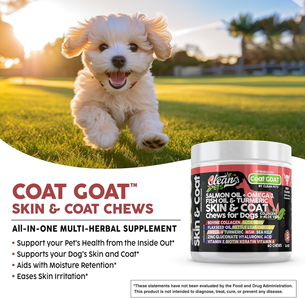 Salmon Oil Omega 3 Fish Oil for Dogs Skin and Coat Supplement | Dog Collagen Aloe Vera Biotin Keratin Flaxseed Nettle Leaf Sea Kelp Hyaluronic Acid Brewers Yeast Vitamin A - Coat Goat 3
