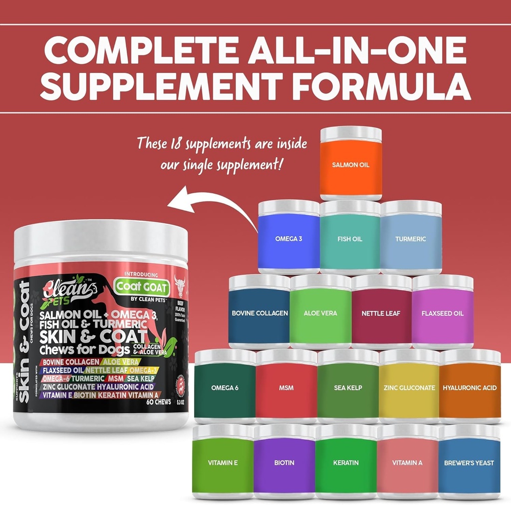 Salmon Oil Omega 3 Fish Oil for Dogs Skin and Coat Supplement | Dog Collagen Aloe Vera Biotin Keratin Flaxseed Nettle Leaf Sea Kelp Hyaluronic Acid Brewers Yeast Vitamin A - Coat Goat 4