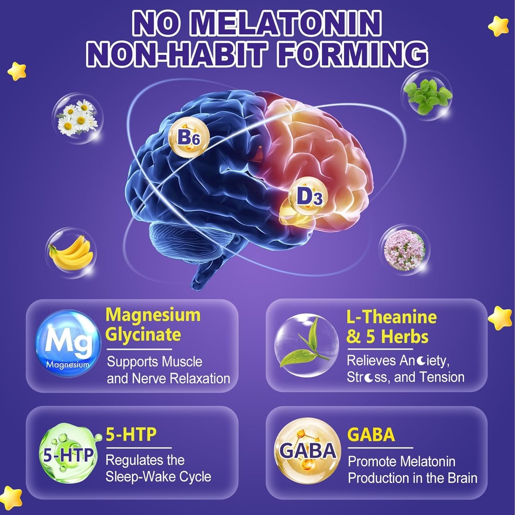 Melatonin Free Sleep Gummies with Magnesium Glycinate, GABA, 5-HTP, L-Theanine, Valerian, Chamomile, Lemon Balm, Vitamin D3 & B6 - Hormone & Drug- Free, Non-Habit Forming,2 Pack 4
