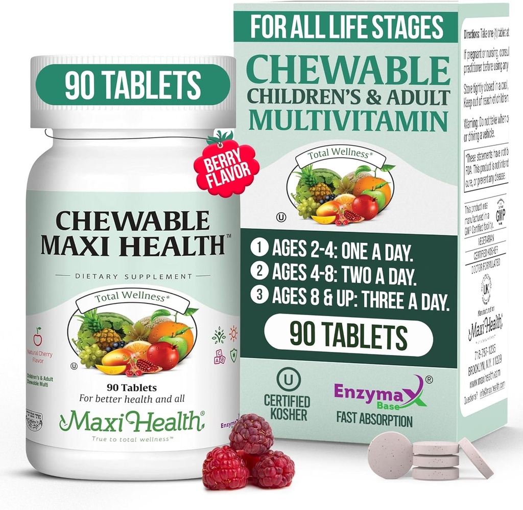 Maxi Health Chewable Multivitamin for Kids, Teens and Adults - Cherry Chewable Vitamins for Adults & Children - Kosher Kids Multivitamin + Iron (90 Tablets) 2