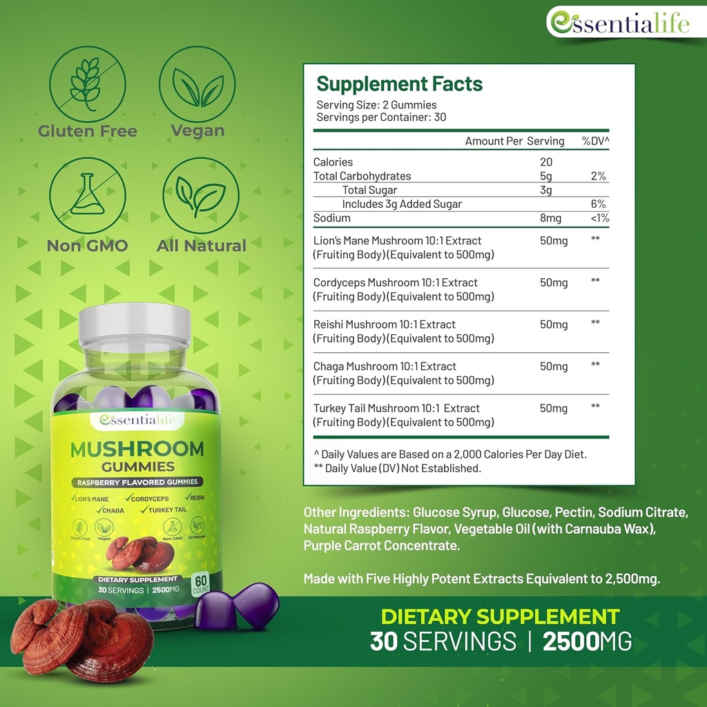 Essentialife Lions Mane Mushroom Supplement | 5-in-1 Mushroom Gummies with Turkey Tail, Cordyceps, Reishi, Chaga Extract | Brain Focus and Immune Support for Women Men, Raspberry Flavor, 60 ct 3