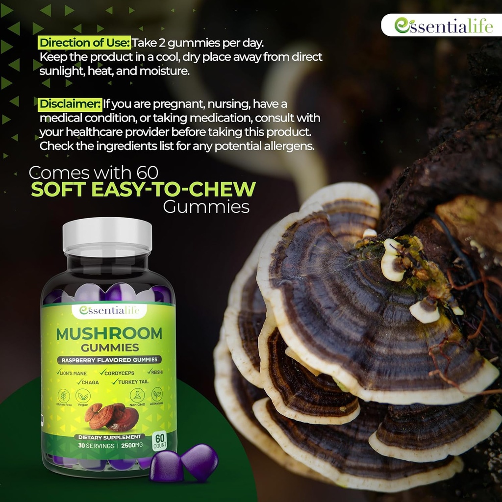 Essentialife Lions Mane Mushroom Supplement | 5-in-1 Mushroom Gummies with Turkey Tail, Cordyceps, Reishi, Chaga Extract | Brain Focus and Immune Support for Women Men, Raspberry Flavor, 60 ct 6