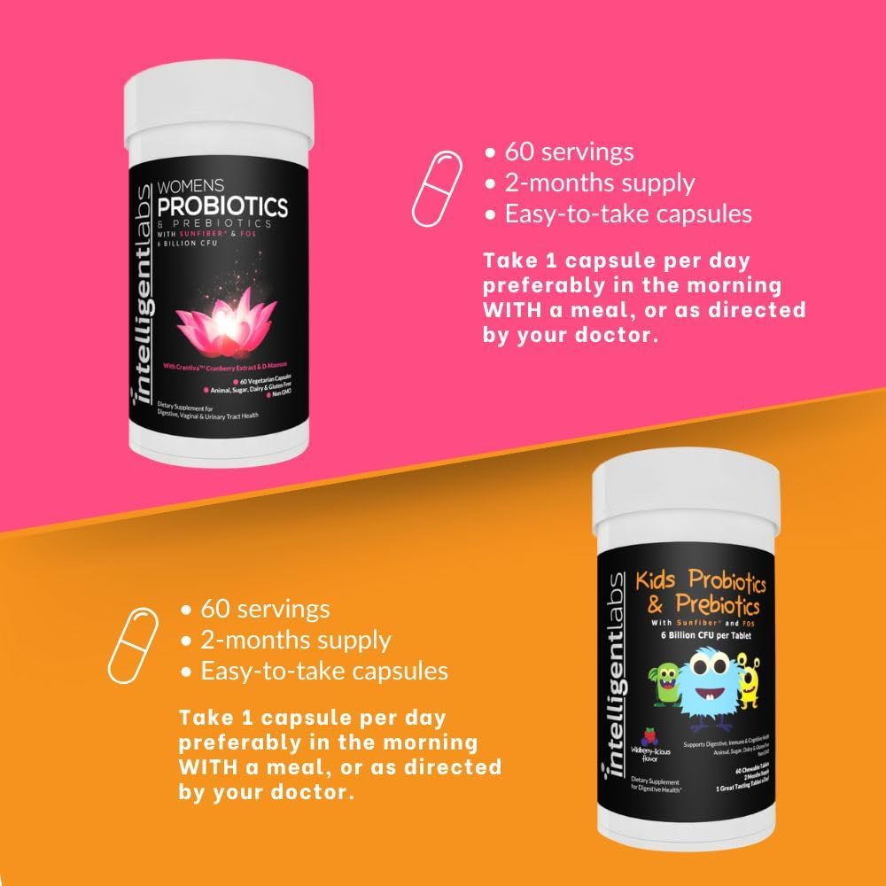Intelligent Labs 2-in-1 Bundle of Kids’ Probiotics with Sunfiber and FOS + Women’s Probiotics (UTI Formula with Cranberry & D-Mannose), No Refrigeration Required, 2 Months Supply Per Bottle 5