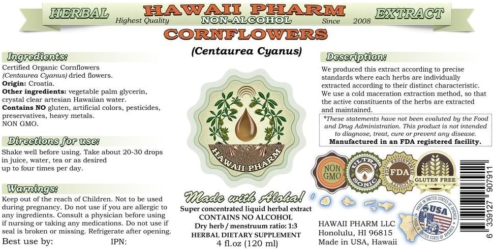 Hawaii Pharm Cornflower Alcohol-Free Liquid Extract, Organic Cornflower (Centaurea Cyanus) Dried Flower Glycerite Natural Herbal Supplement 2 oz 3
