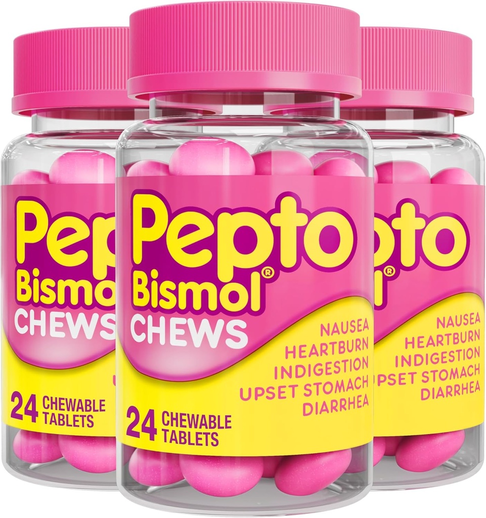 Pepto Bismol Chews, Fast and Effective Digestive Relief from Nausea, Heartburn, Indigestion, Upset Stomach, Diarrhea, 72 Total (3 Packs of 24) 2