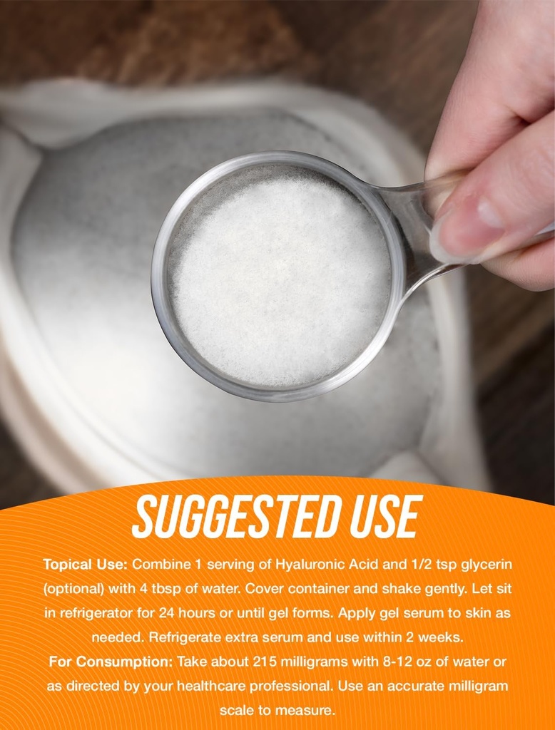 BulkSupplements.com Hyaluronic Acid Powder - as Sodium Hyaluronate, Hyaluronic Acid Supplements - Food Grade, Gluten Free - 215mg per Serving, 500g (1.1 lbs) (Pack of 1) 5