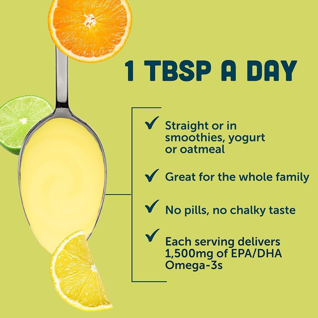 Barlean's Citrus Sorbet High Potency Omega 3 Fish Oil Liquid Supplement, 1500mg of EPA & DHA Fatty Acid, Smoothie Flavored & Burpless for Brain, Joint, & Heart Health, 16 oz 6