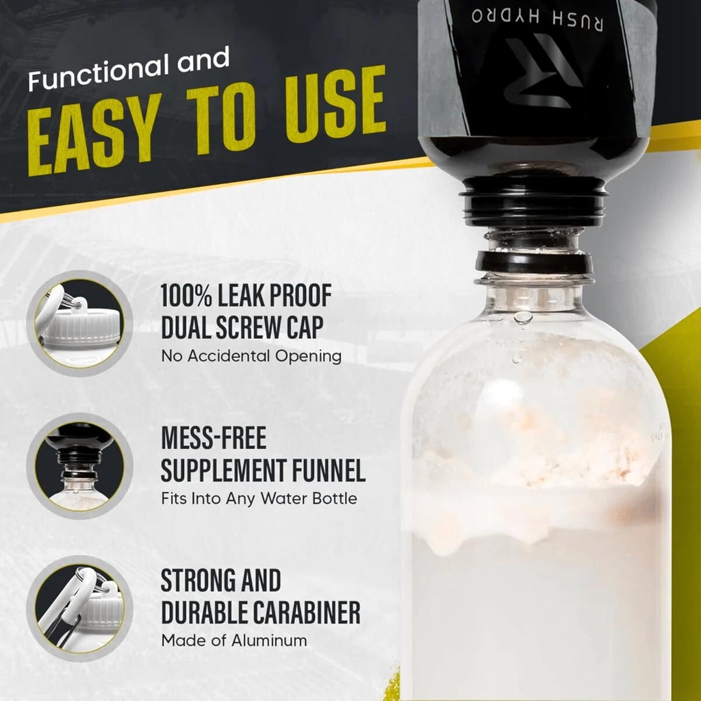 RUSH HYDRO Supplement Protein Powder Funnel Keychain, Travel Protein Powder Container with Dual Screw Cap, 100 mL Container for Hydration Powder & Supplements, Black 4