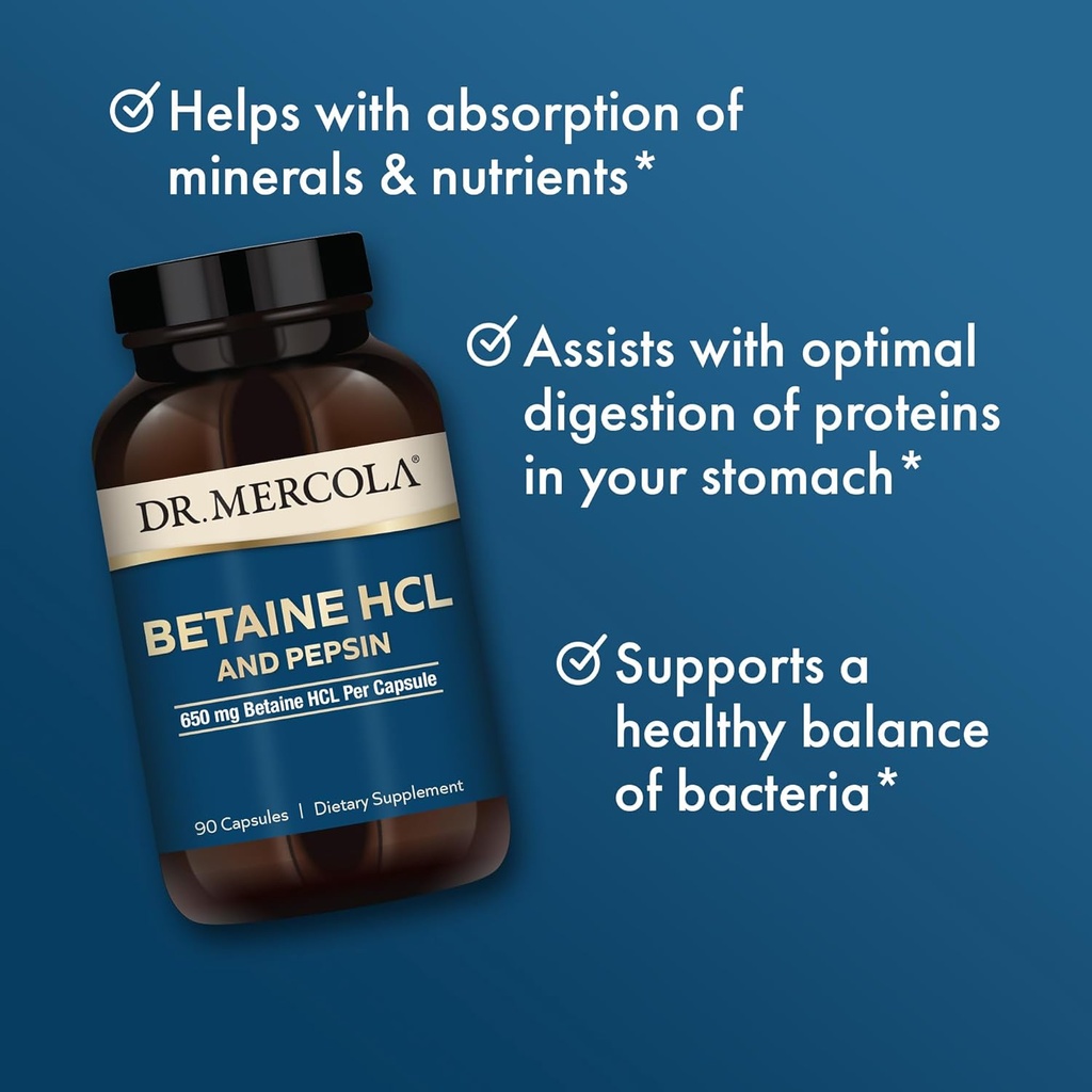 Dr. Mercola Betaine HCL & Pepsin - Digestive Support Supplement for pH Balance - Aids Mineral & Nutrient Absorption - Digestive Aid - Non-GMO, Gluten-Free & Soy-Free - 90 Capsules (30 Servings) 5
