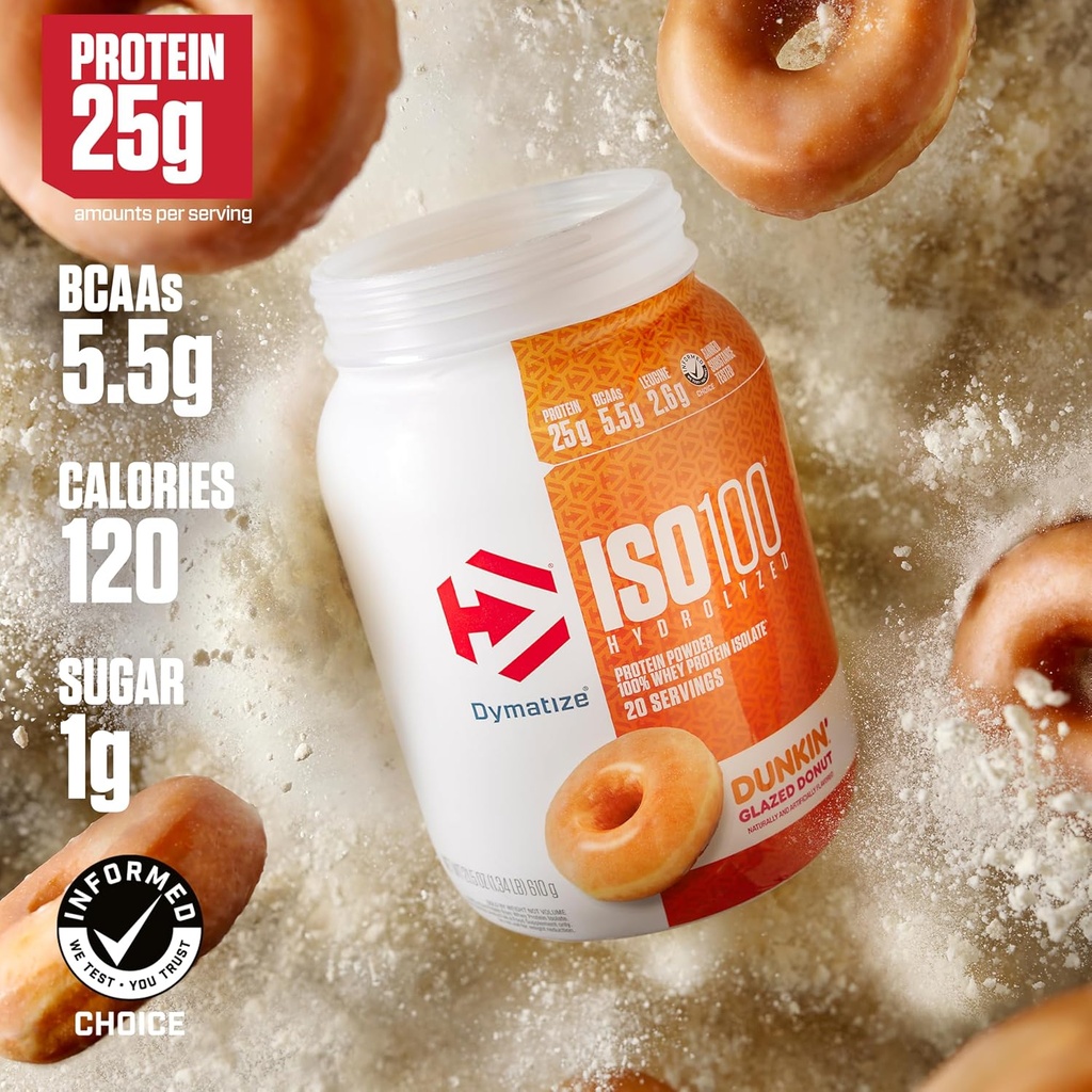 Dymatize x Dunkin' Glazed Donut ISO100 Whey Protein Powder, 25g of Protein, 5.5g BCAAs, 120 Cal., Gluten Free, 1g Fat, 1g Sugar, 2g Carb (20 Servings) 4
