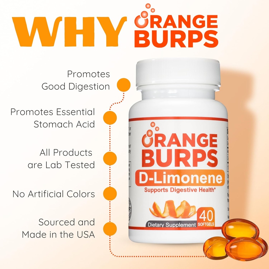 Orange Burps | D-Limonene Supplement - Acid Reducer (Antacid for Acid Reflux), Heartburn Relief, GERD Relief, and Indigestion Relief | Orange Peel Extract for Health and Wellness (1,000 mg, Pack of 2) 6
