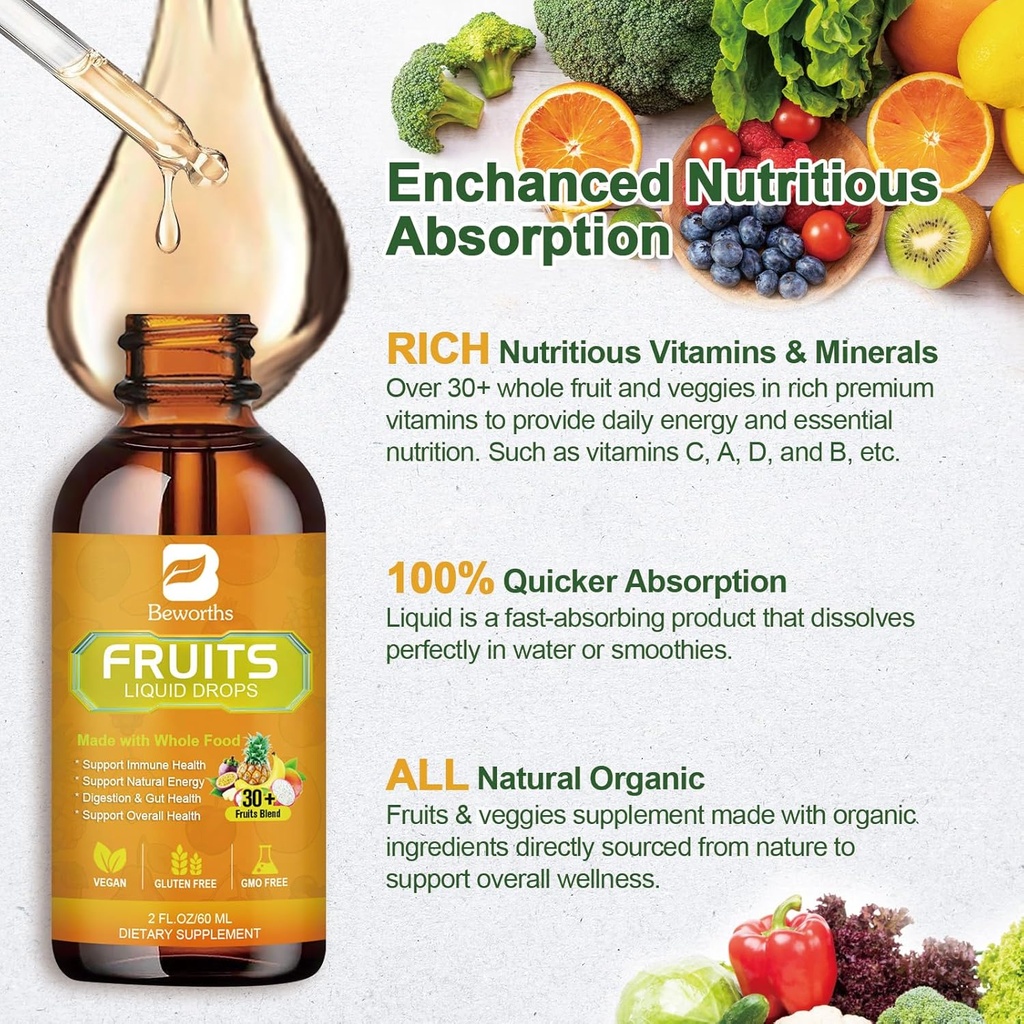 Fruits and Veggies Supplement - Balance of Natural Fruit and Vegetable Vitamins Supplements Liquid Drops, Whole Nature Super-Food Filled with Vitamins and Minerals - Supports Energy Levels 4