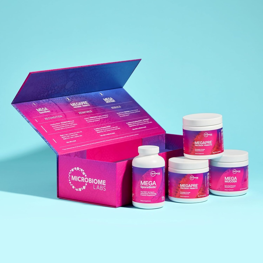 Microbiome Labs Total Gut Restoration Kit (Powder) - 3-Product Gut Health Spore Based Probiotic, Prebiotic Powder & Mucosal Immunoglobulin + Amino Acids Supplement for Immune, GI & Digestive Health 3