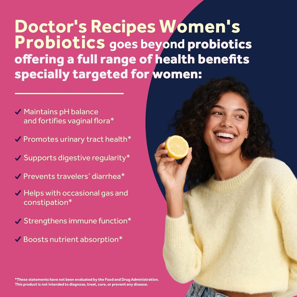 Doctor's Recipes Probiotics for Women, 100 Billion CFU 32 Strains, with Prebiotic Fiber, Enzymes & Cranberry, Vaginal Urinary Digestive & Immune, No Yeast, Shelf Stable, Delayed Release, 30 Caps 4