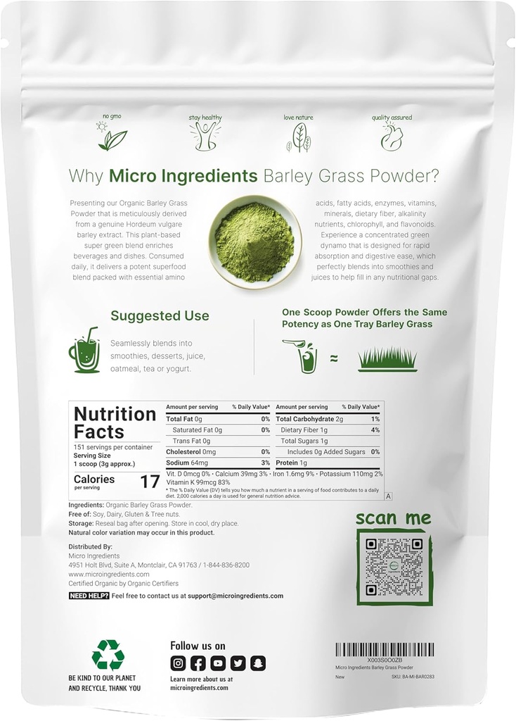Organic Barley Grass Powder, 16 Ounces | US Grown | Rich in Vitamins, Minerals, Fibers, & Antioxidants | Superfood Greens Mix for Immune Health and Digestion Support | Non-GMO 3