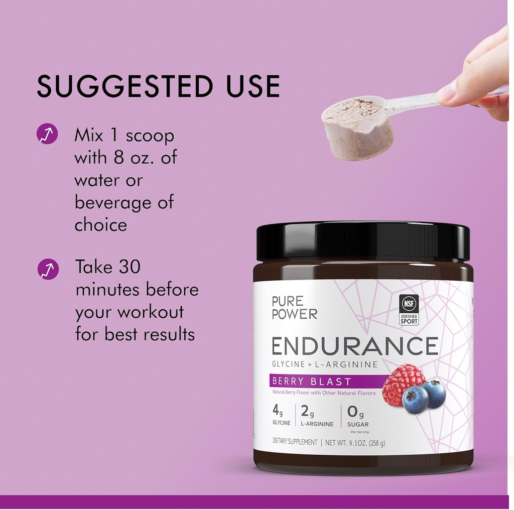 Pure Power Endurance Powder, Berry Blast Flavor, 9.1 oz (258 g), 30 Servings, 4 g of Glycine, 2 g of L-Arginine, 0 g of Sugar, Non-GMO, NSF Certified for Sport, Dr. Mercola 5