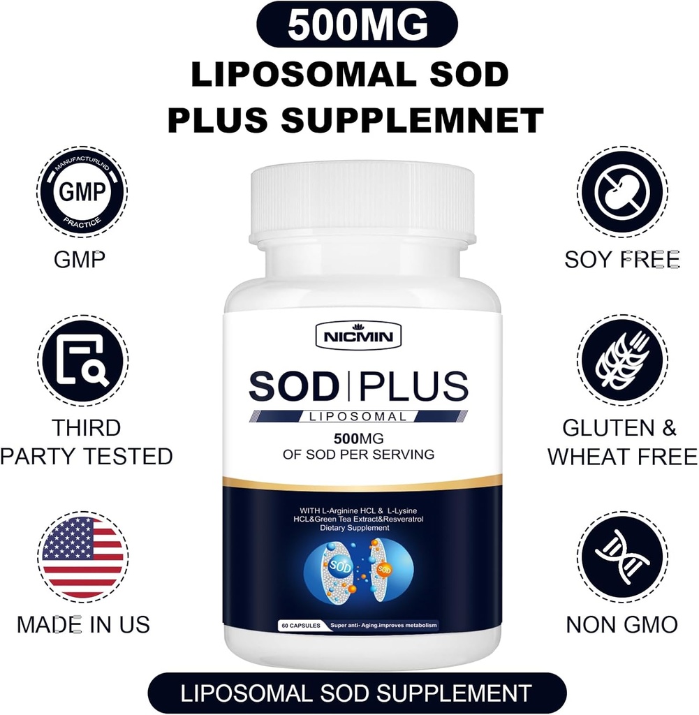 Superoxide Dismutase Supplement 500mg - SOD Plus with liposomal glutathione, AKG, Green Tea Extract, L-Arginine, Lysine, Resveratrol and Vitamin E for Immune Support, Antioxidant 60 Capsules 6
