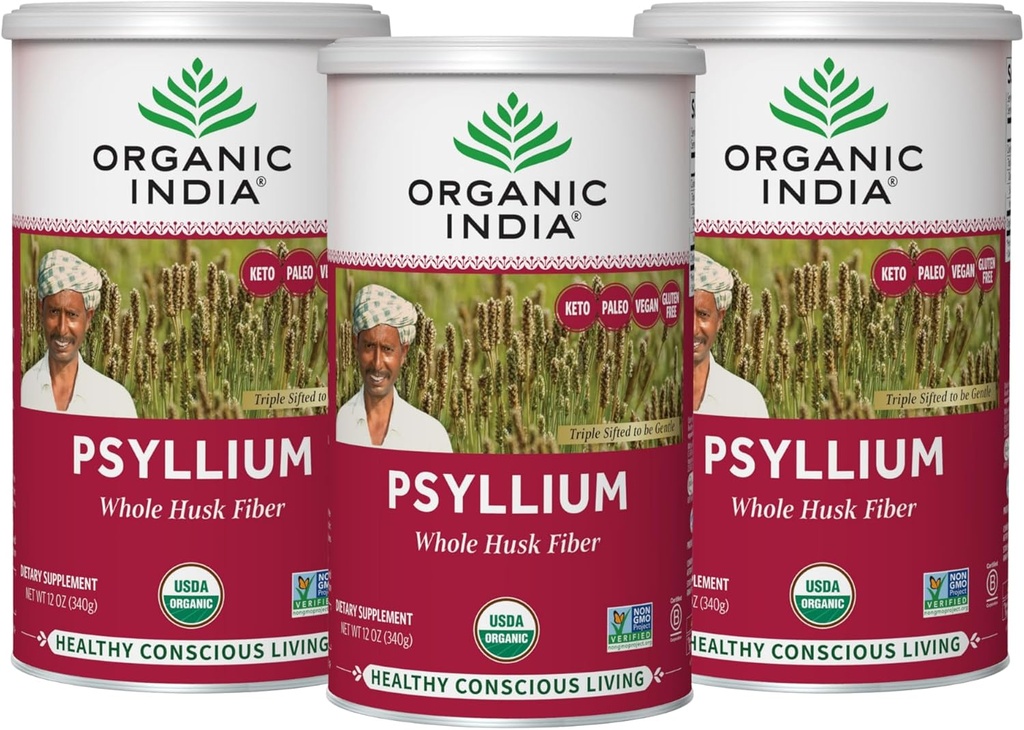 ORGANIC INDIA Psyllium Herbal Powder - Whole Husk Fiber Supplement, Digestion Support, Vegan, Gluten-Free, USDA Certified Organic, Non-GMO, Soluble & Insoluble Fiber Source - 12 oz (Pack of 3) 2
