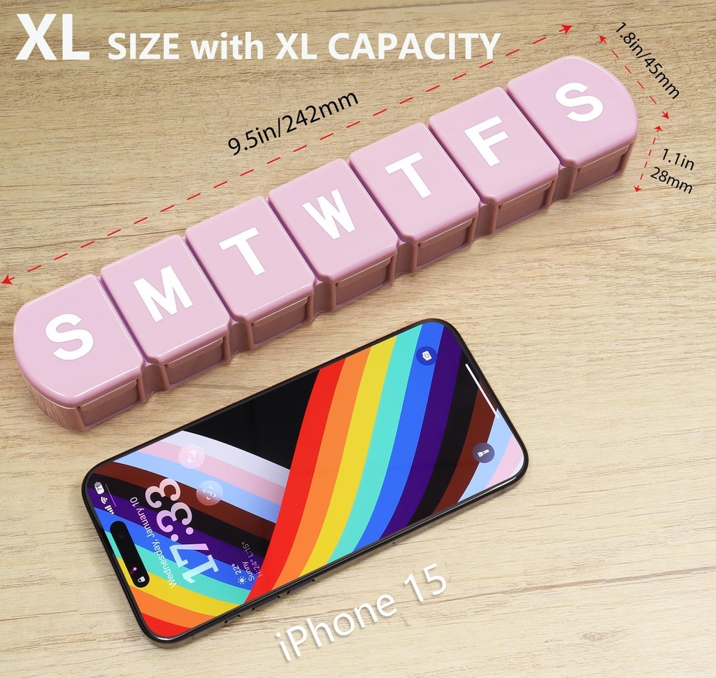 MOLN HYMY Extra Large Weekly Pill Organizer 7 Day, XL 1 Week Pill Dispenser Case, Daily Medicine Organizer to Hold Vitamin Filsh Oil and Supplements (Pink) 3