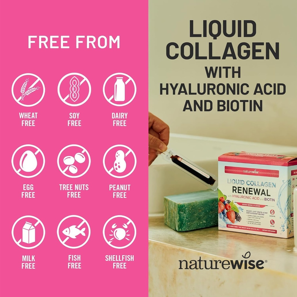 NatureWise Hydrolyzed Liquid Collagen for Women & Men 4000mg - High Absorption, Type 1 & 3 Peptides with Biotin + Vitamin C + Vitamin B Complex & Hyaluronic Acid -Mixed Berry - 10 Tubes[10 Day Supply] 6