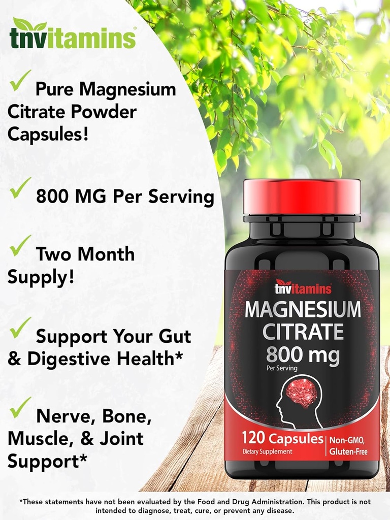 TNVitamins Magnesium Citrate 800 MG - 120 Capsules | Two Month Supply! | Pure Magnesium Citrate Powder Capsules | Citrato De Magnesio | Non-GMO | Produced in The USA! 4